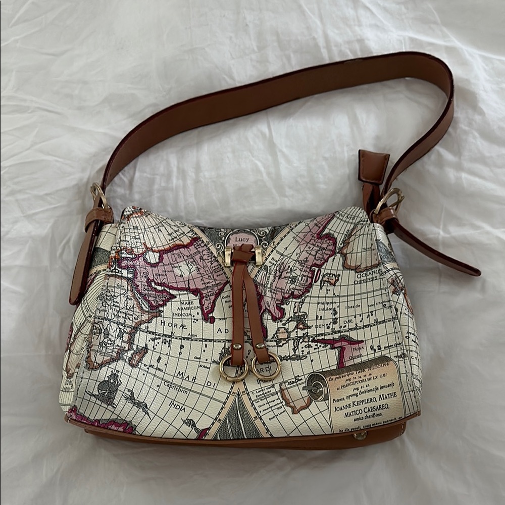 Map Print Shoulder Bag with Brown Accents